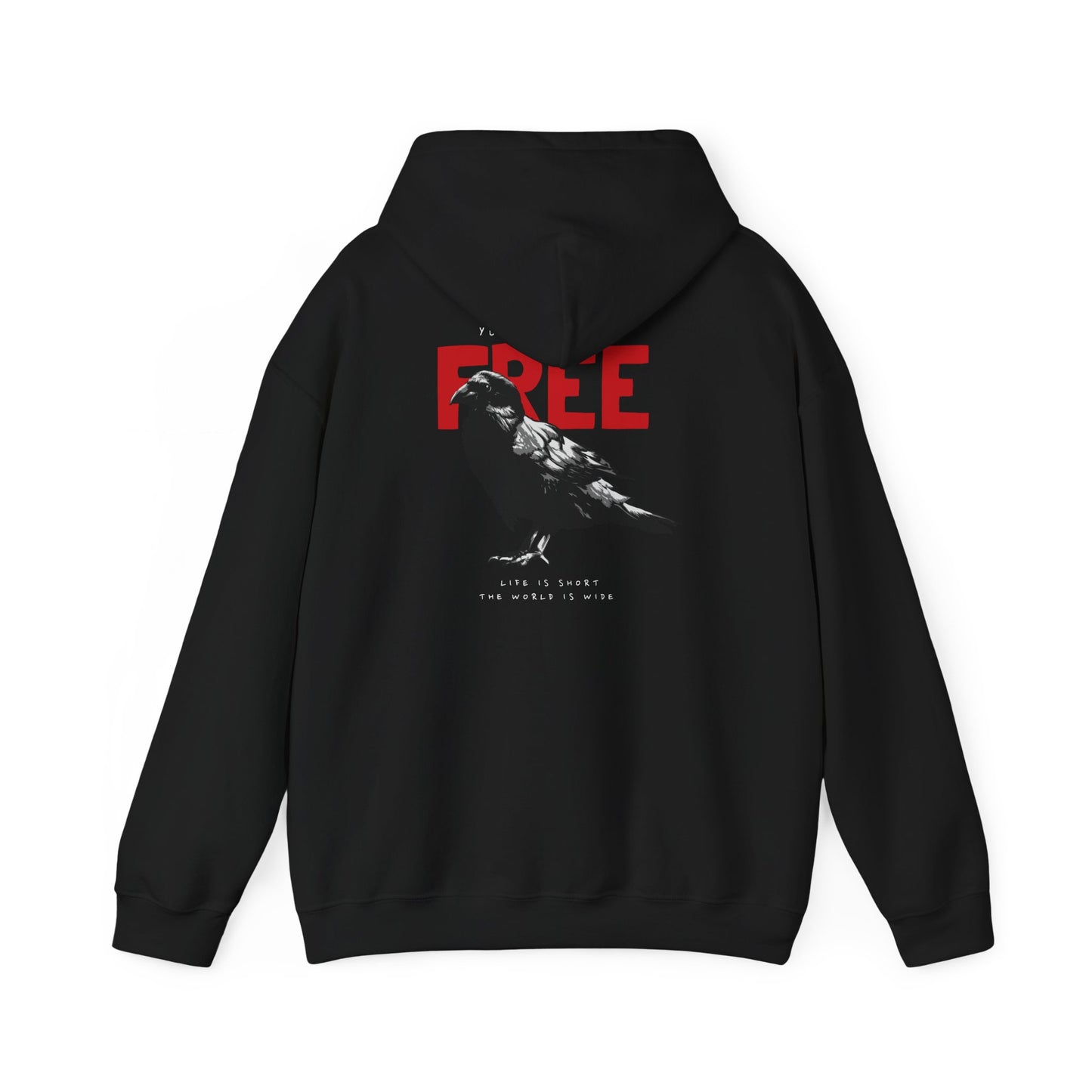 Chic black hoodie displaying an intricate raven design with striking red lettering, 'YOU WERE BORN FREE', a perfect blend of art and comfort.