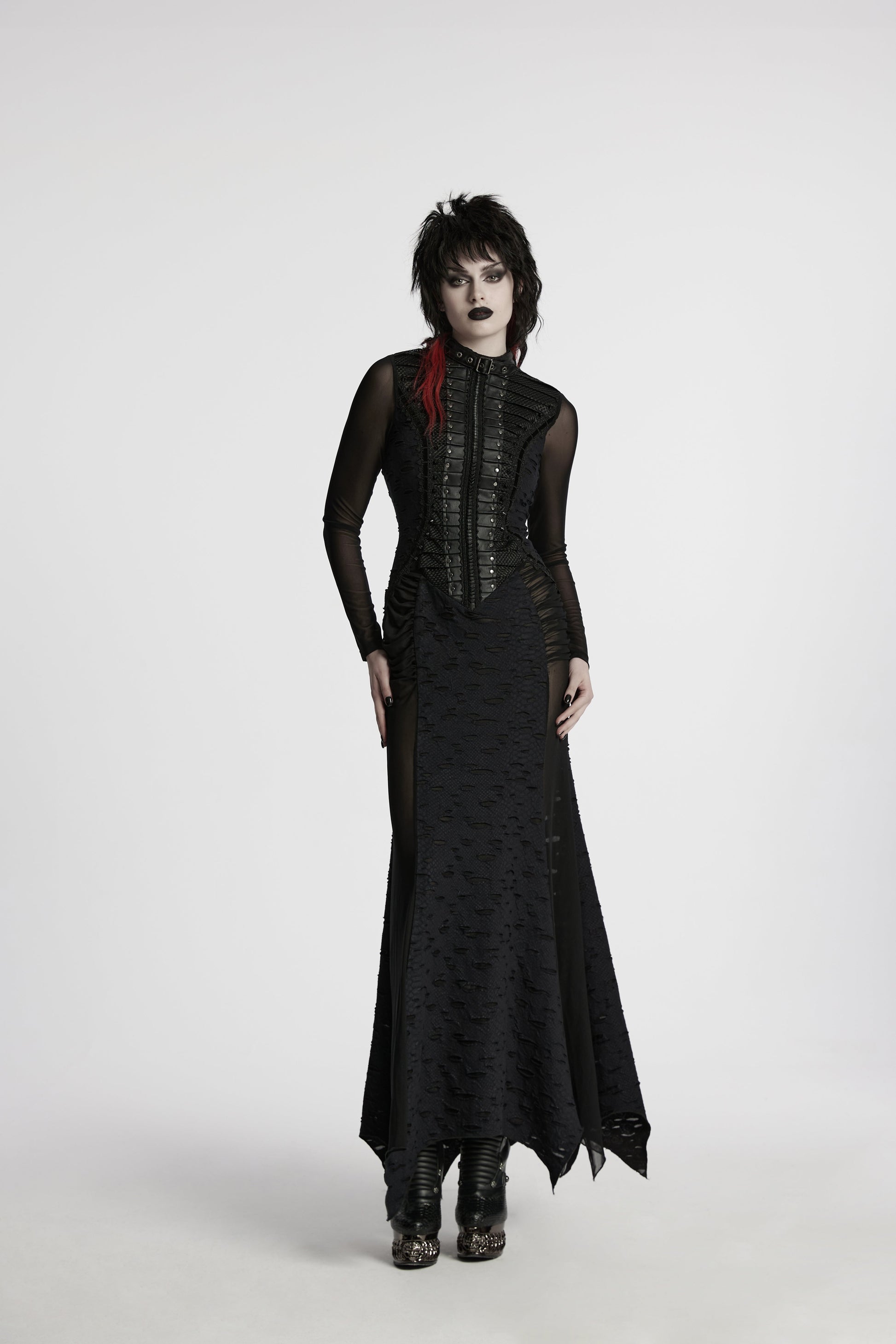 High neck design of the Punk Rave Seraphine Maxi Dress, reflecting a blend of gothic elegance and modern style with an invisible back zipper.