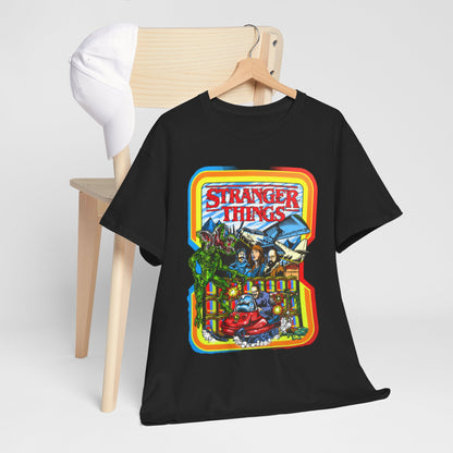 Sophisticated black T-shirt showcased on a chair, featuring a unique Stranger Things arcade-inspired graphic, reflecting a blend of nostalgia and contemporary style.