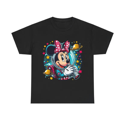 Blast Off with Minnie Mouse Unisex Graphic Tee Shirt featuring a vibrant astronaut Minnie Mouse design on a black fabric, perfect for Disney fans.