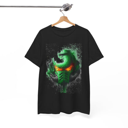 Elegant black graphic t-shirt featuring a striking green helmet design, embodying a blend of humour and style, perfect for unisex urban streetwear.