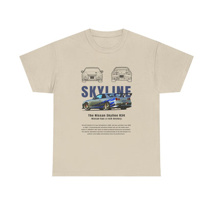 Chic beige t-shirt displaying a captivating depiction of the Nissan Skyline R34, complemented by bold text 'SKYLINE', articulating its prestigious automotive lineage.