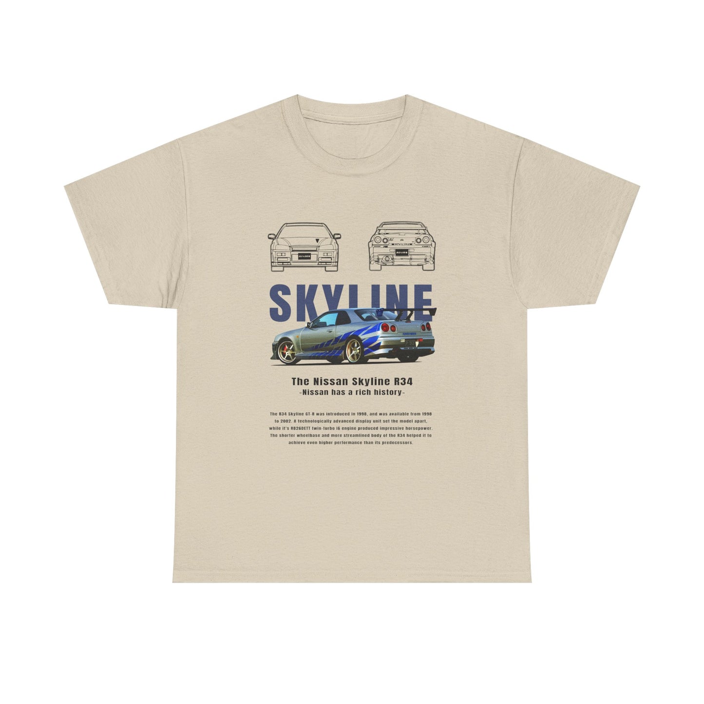 Men's beige t-shirt displaying an elegant Nissan Skyline R34 design, including detailed car graphics and stylish font, designed for car lovers and collectors.