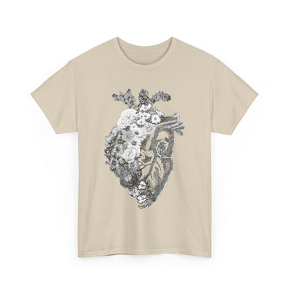 Floral heart graphic t-shirt design, elegantly blending anatomical imagery with delicate flowers, set against a luxurious beige backdrop.