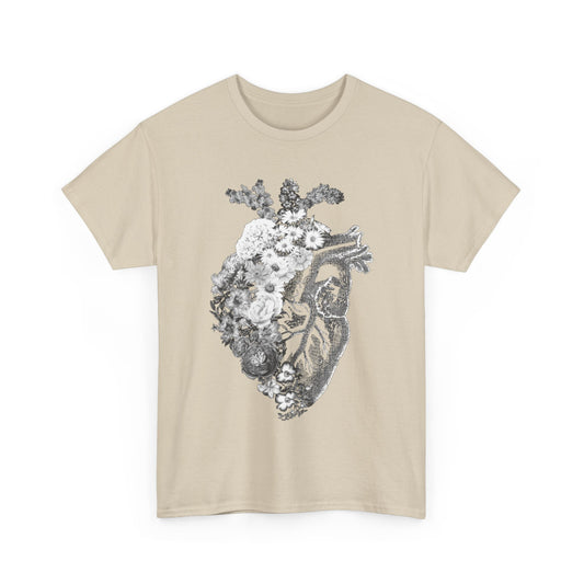 Floral heart graphic t-shirt design, elegantly blending anatomical imagery with delicate flowers, set against a luxurious beige backdrop.