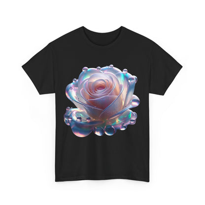 The Ethereal Rose Tee Unisex Cotton Graphic T-Shirt featuring a stunning, iridescent rose design with delicate bubble details, creating an enchanting visual experience against a black background.