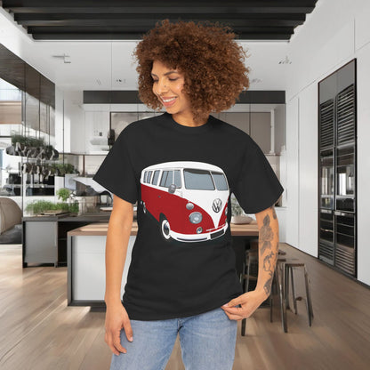 VW Camper Van Graphic T-Shirt Urban Unisex Cotton Tee displayed on a model in a modern kitchen setting.