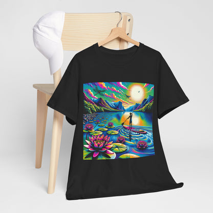 Dazzling Dreams Studio's Delightful Paddle Board T-Shirt featuring a captivating paddleboarding scene, ideal for active enthusiasts seeking luxury apparel.