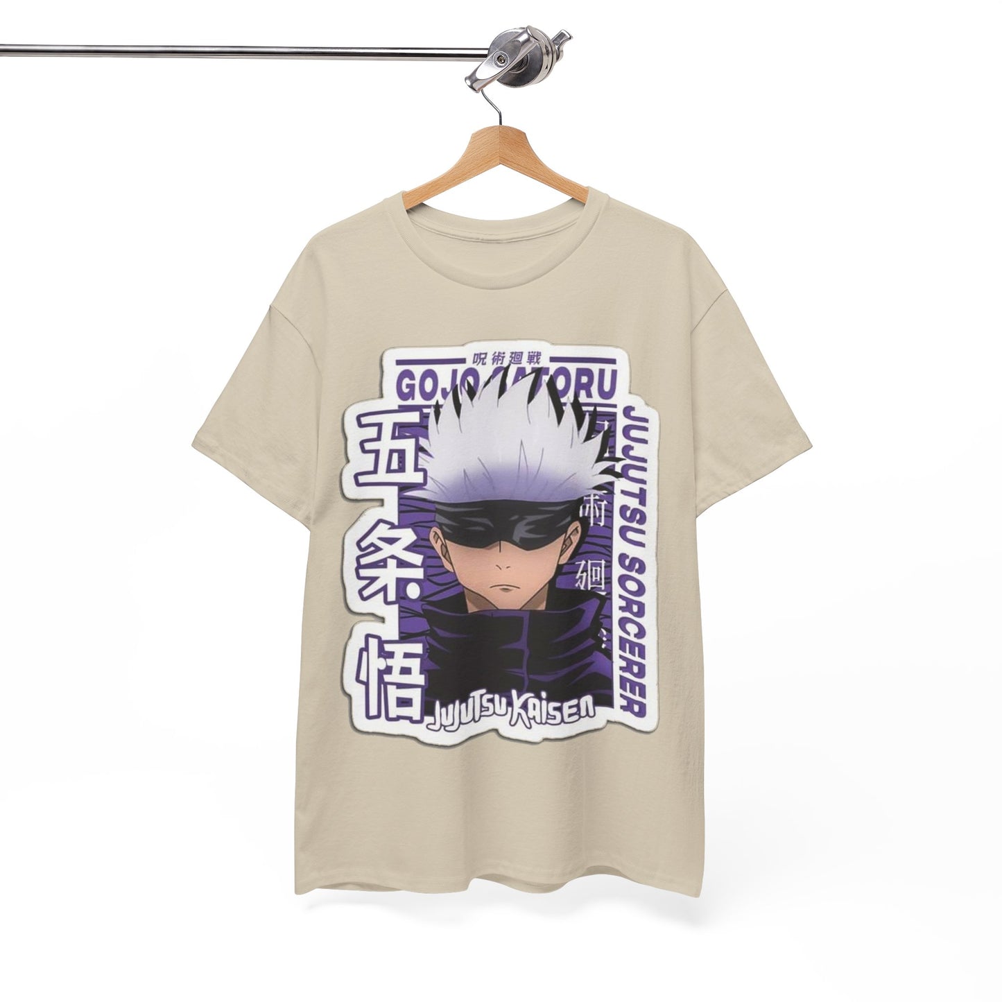 Chic Gojo Satoru T-shirt displayed on a stylish hanger, featuring intricate graphics from Jujutsu Kaisen in a sophisticated beige hue.