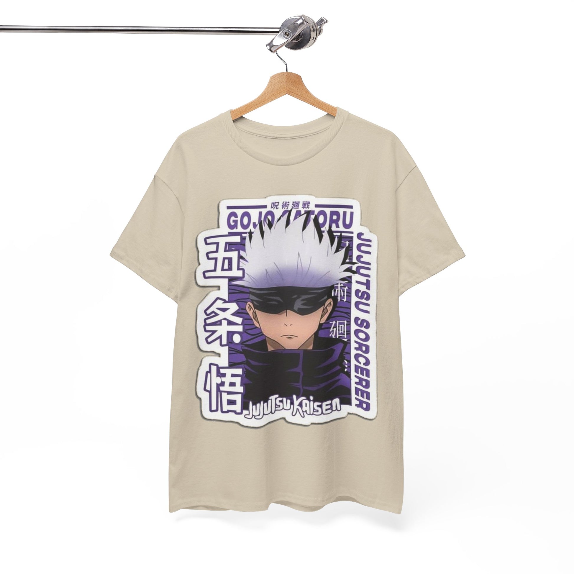 Chic Gojo Satoru T-shirt displayed on a stylish hanger, featuring intricate graphics from Jujutsu Kaisen in a sophisticated beige hue.