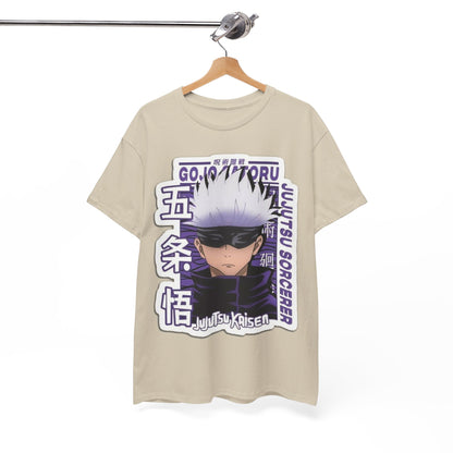 Chic Gojo Satoru T-shirt displayed on a stylish hanger, featuring intricate graphics from Jujutsu Kaisen in a sophisticated beige hue.