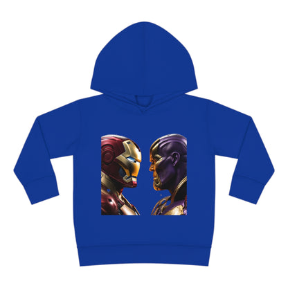 Iron Man Vs Thanos Child’s Unisex Hoodie in blue fleece, showcasing an epic showdown graphic, designed for young superhero fans aged 2-5.