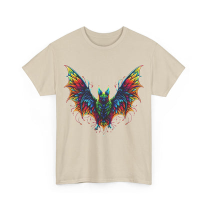 Radiant Evolution Bat Tee - Unisex Cotton Tee featuring a striking, stylised bat design in vibrant rainbow hues, perfect for showcasing individuality and artistic flair.