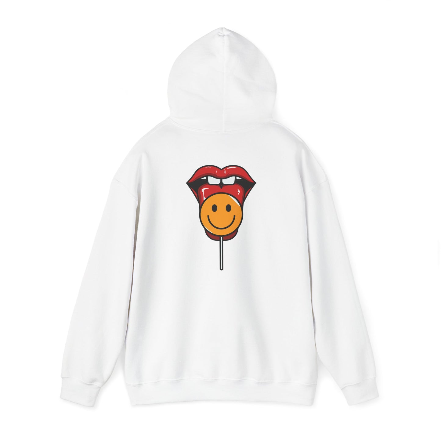 Stylish white hoodie showcasing a playful graphic of red lips and a cheerful lollipop, embodying fun and creativity.