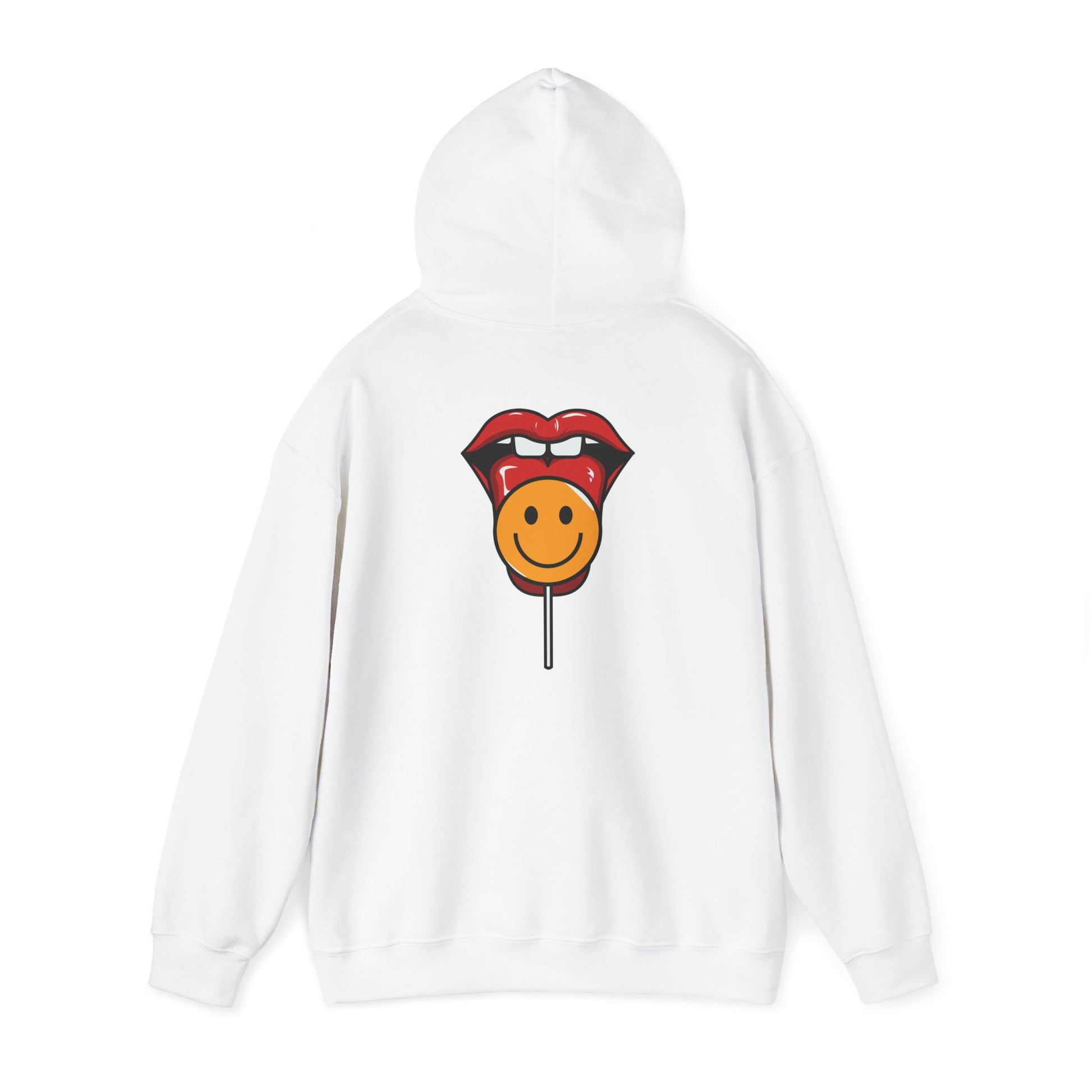Stylish white hoodie showcasing a playful graphic of red lips and a cheerful lollipop, embodying fun and creativity.