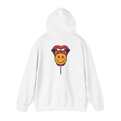Stylish white hoodie showcasing a playful graphic of red lips and a cheerful lollipop, embodying fun and creativity.
