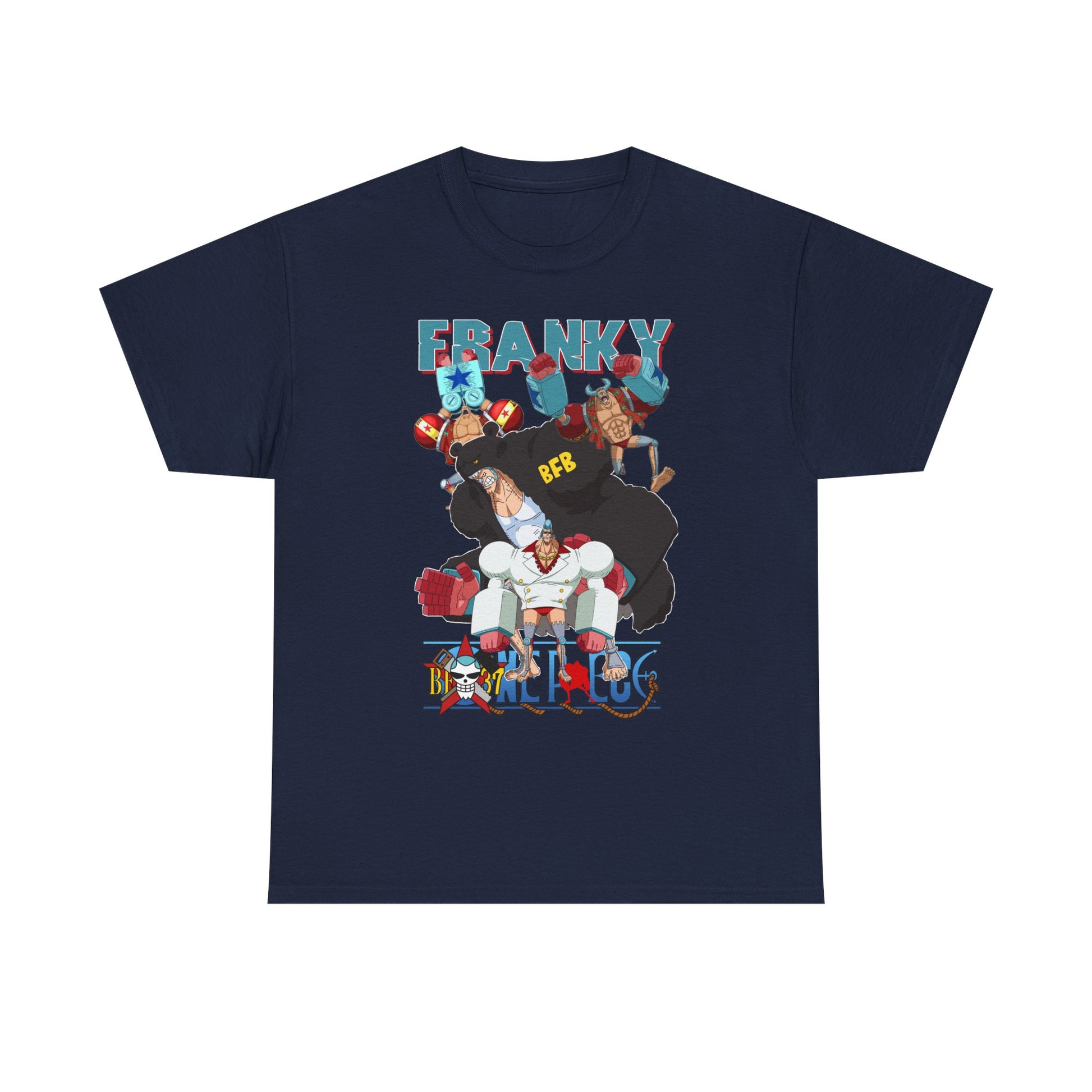 Elegant navy t-shirt showcasing captivating anime graphic design with Franky and friends, perfect for style-savvy adventurers.