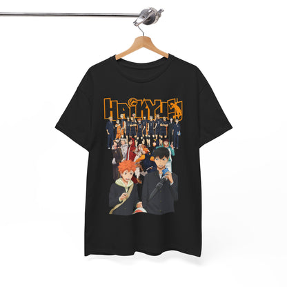 Sophisticated black Haikyuu!! All-Stars T-Shirt displayed on a hanger, adorned with vibrant character imagery, perfect for showcasing anime passion.