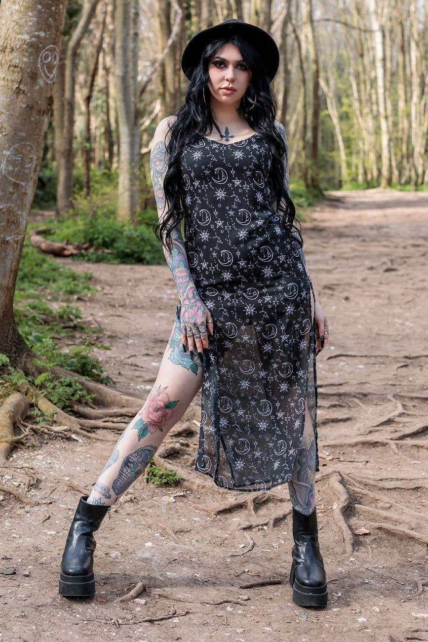 Elegant Moon & Stars Strappy Chiffon Maxi Dress with Side Split, featuring celestial print of moons and stars for an ethereal goth style.