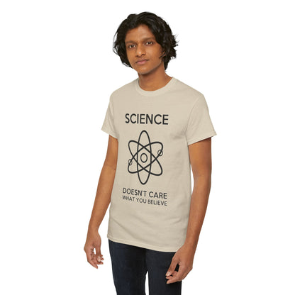 Charming male model in a chic beige t-shirt with a bold 'SCIENCE' slogan and atom graphic, embodying a blend of style and educated allure.