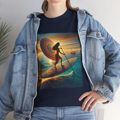 Stylish display of the Delightfull Paddle Board T-Shirt on a hanger, illustrating its captivating design ideal for water sport lovers, offered by Dazzling Dreams Studio.