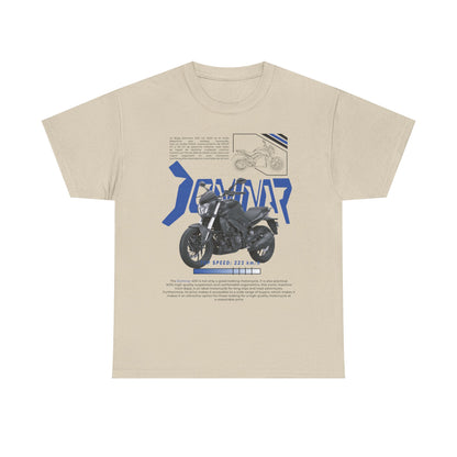 Chic beige Dominar 400 men's t-shirt presenting a sophisticated motorcycle illustration along with technical details, designed for discerning motorbike fans.