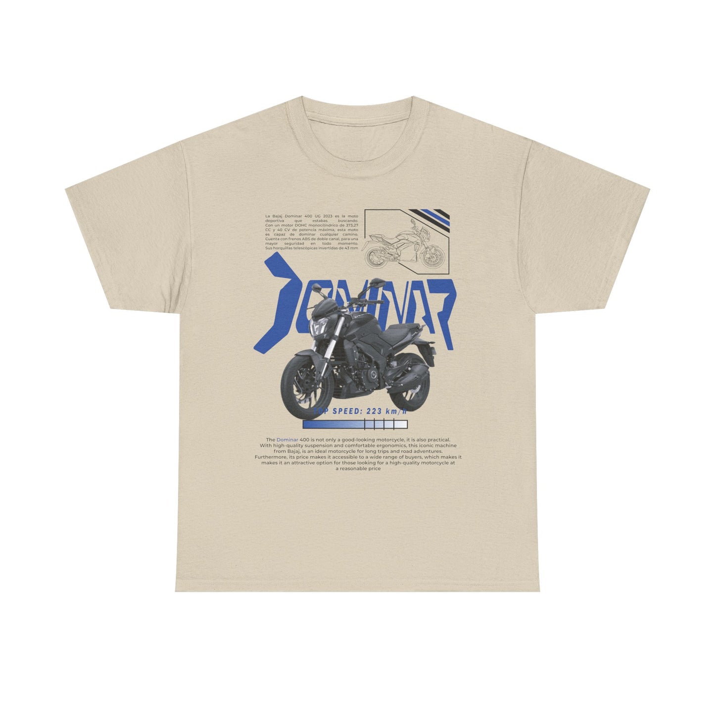 Dominar 400 men’s T-shirt in beige with a striking motorcycle graphic and top speed information, tailored for discerning motorcycle aficionados.