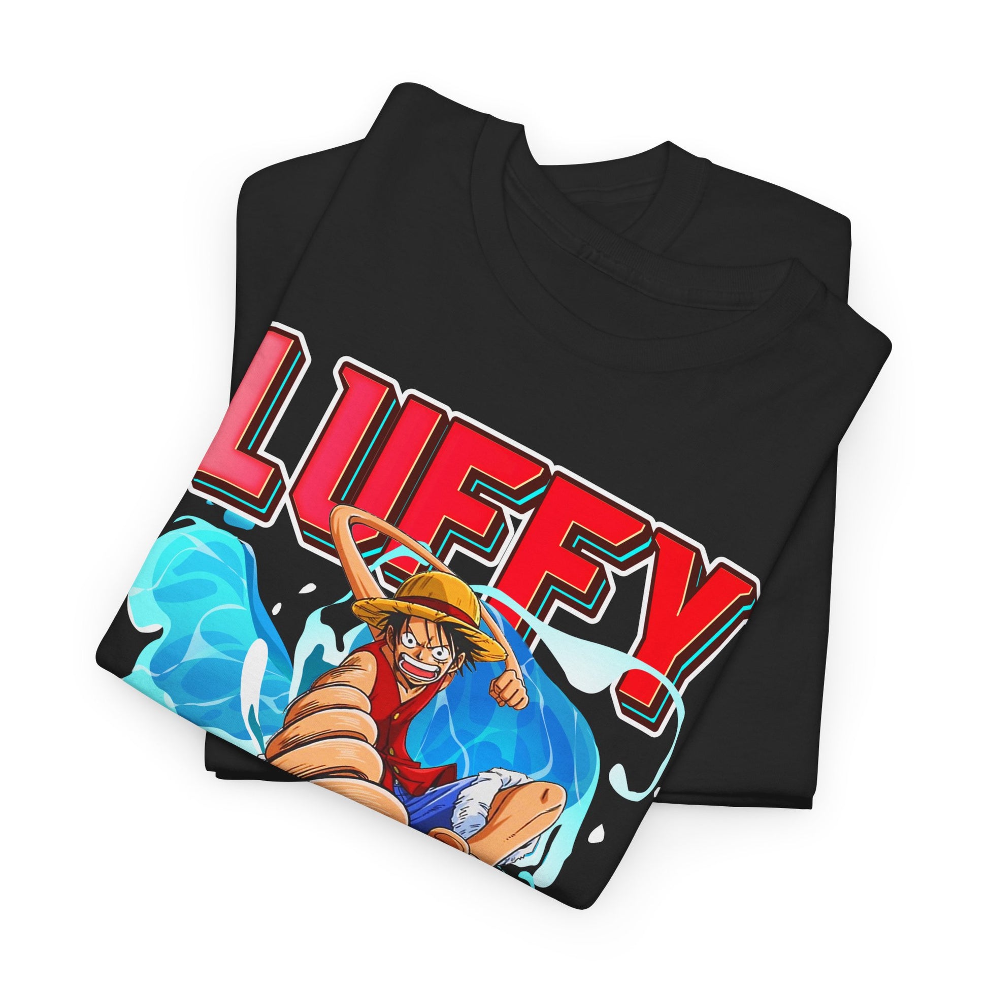 Refined black graphic t-shirt folded elegantly, featuring a dynamic print of Luffy, embodying the spirit of exploration and camaraderie.