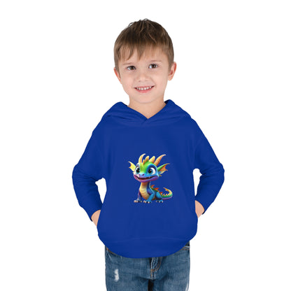 A young boy smiling while wearing a Kids Unisex Cute Dino Hoodie in blue, featuring a playful dragon graphic, ideal for children's casual wear aged 2-5 years.