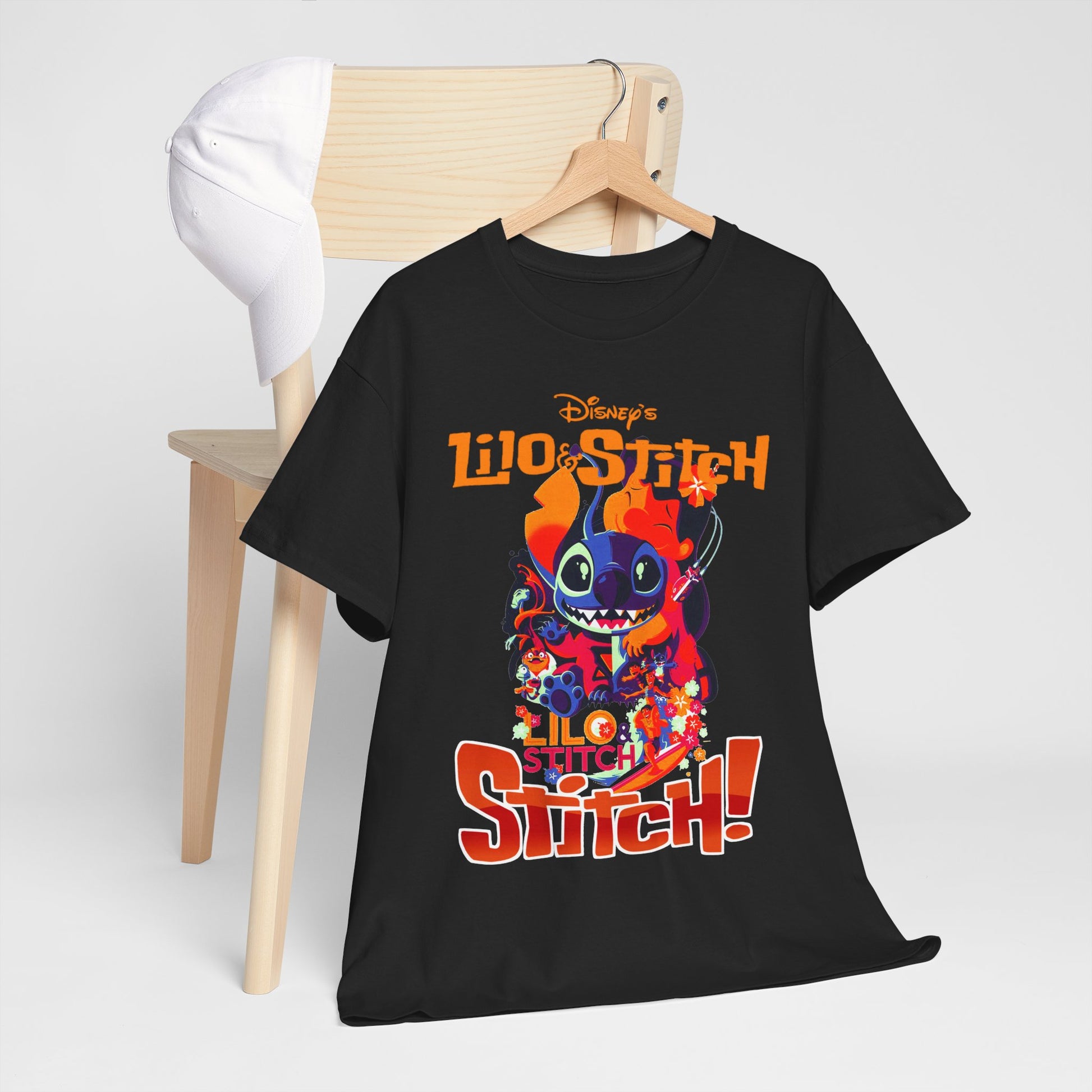 A luxurious Lilo & Stitch graphic t-shirt displayed elegantly on a wooden hanger, showcasing vibrant and playful character designs, perfect for Disney enthusiasts.