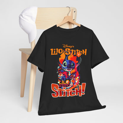A luxurious Lilo & Stitch graphic t-shirt displayed elegantly on a wooden hanger, showcasing vibrant and playful character designs, perfect for Disney enthusiasts.