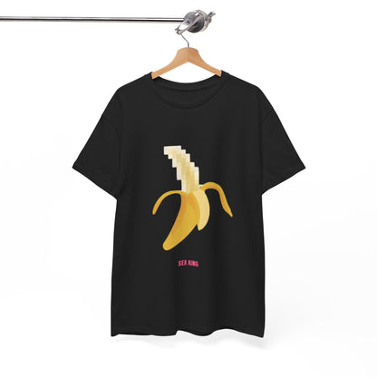 Sophisticated black t-shirt elegantly hanging, adorned with a pixelated banana design and the statement 'SEX KING', combining humour and style.