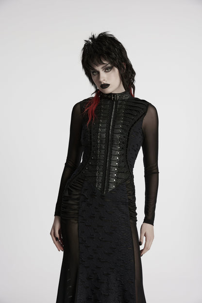 Punk Rave Seraphine Black Maxi Dress showcasing intricate spinal lace detailing and elegant pleated front, perfect for gothic elegance.