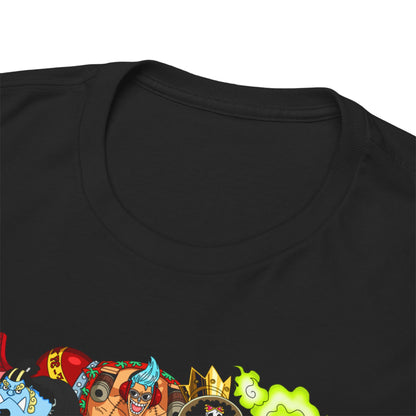 Close-up of a premium black t-shirt collar, accentuating the exquisite craftsmanship and the dynamic Nami graphic from One Piece.