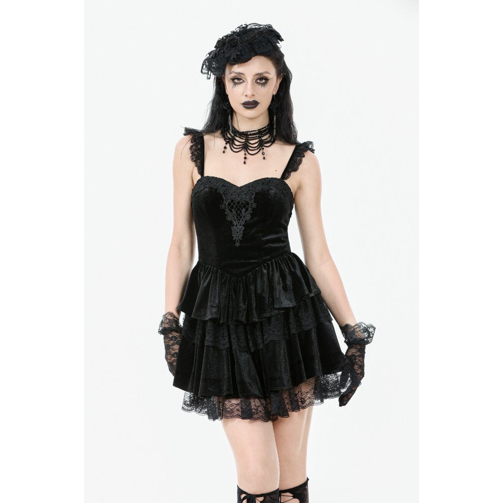 Close-up view of the sweetheart neckline trimmed with ornate black lace on the Dark in Love Nocturne Gothic dress.