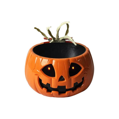 Children's Creative Electric Halloween Pumpkin Lamp Candy Bowl showcasing an intricately designed pumpkin with a smiling face, perfect for illuminating Halloween festivities and holding treats.