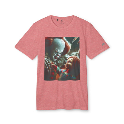 Chic Adidas Unisex Halloween Pennywise and Chucky Cute T-shirt in a stylish rose hue, showcasing a playful graphic of Pennywise and Chucky, ideal for luxe Halloween outfits.