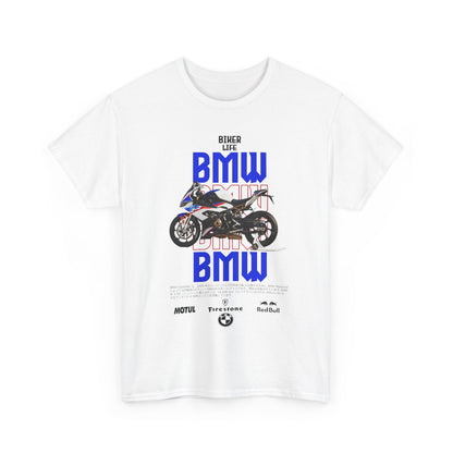 Elegant white t-shirt showcasing a striking BMW S1000RR graphic along with 'BIKER LIFE', capturing the essence of motorcycle culture in a luxurious design.