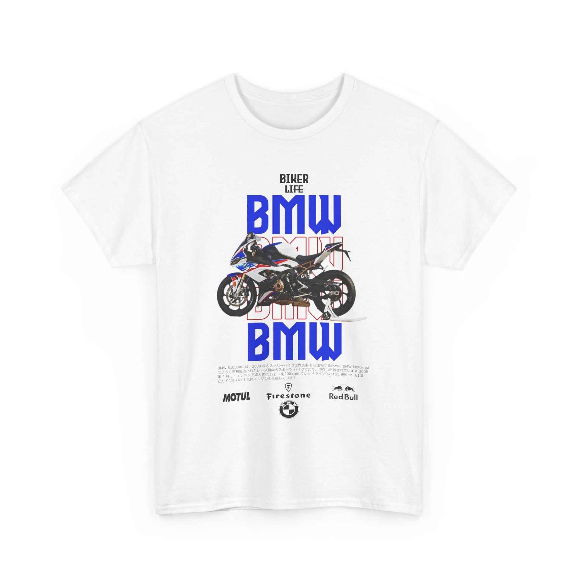 Front view of a stylish men's t-shirt featuring an eye-catching design of the BMW S1000RR motorcycle and bold 'BIKER LIFE' lettering.