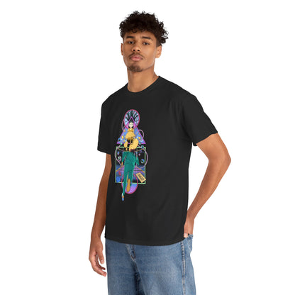 Luxury Squid Game graphic tee featuring vibrant design, perfect for urban fashion enthusiasts. Showcased on a male model, exuding style and confidence.
