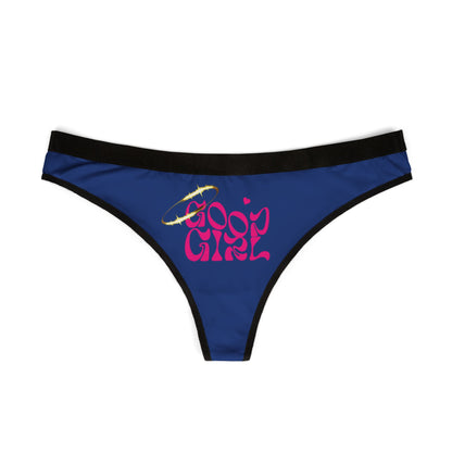 Luxurious blue women's thong panties featuring the playful 'Good Girl' design in pink with a shimmering halo, perfect for elevating lingerie collections.