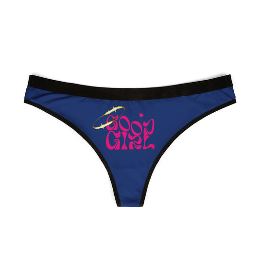 Luxurious blue women's thong panties featuring the playful 'Good Girl' design in pink with a shimmering halo, perfect for elevating lingerie collections.
