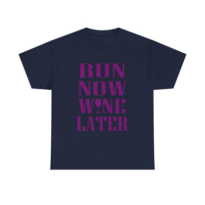 Elegant navy women's t-shirt prominently displaying the phrase 'RUN NOW WINE LATER' in vibrant purple letters, designed for those who appreciate luxury in both fitness and relaxation.