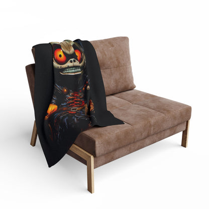 Cozy Decorative and Warm Halloween Spooky Arctic Fleece Blanket draped over a modern armchair, showcasing a vibrant Halloween design against a plush setting.