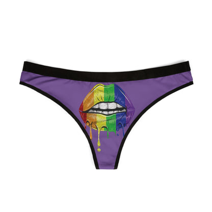 Elegant purple women's thong featuring a vibrant graphic of rainbow lips with glossy drips, embodying cheeky charm for a playful romantic gift.