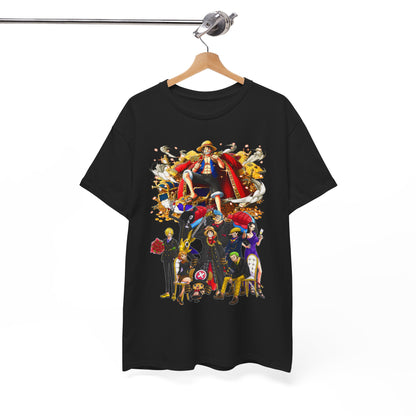 Sophisticated Adventure Crew T-Shirt hanging gracefully, presenting a bold anime design featuring a charismatic character surrounded by treasure, perfect for upscale casual wear.
