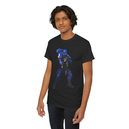 Fashionable male wear displaying a black t-shirt adorned with a bold blue-armoured warrior graphic, perfect for a contemporary and playful look.