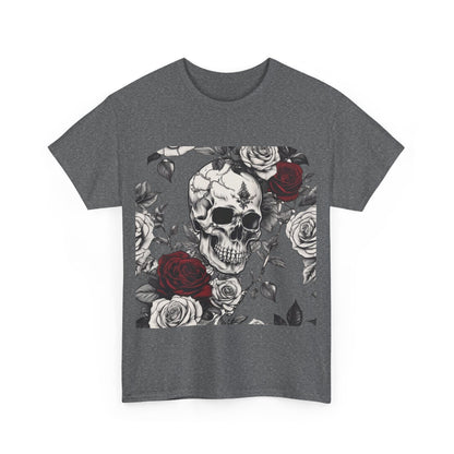 Skulls and Roses Cotton Tee featuring an intricate steampunk skull surrounded by roses, perfect for alternative fashion enthusiasts.