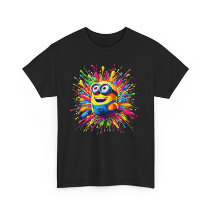 A black T-Shirt displaying a vivid Minion paint splash graphic, blending fun and art, ideal for those who appreciate a Funny T-Shirt as part of their wardrobe.