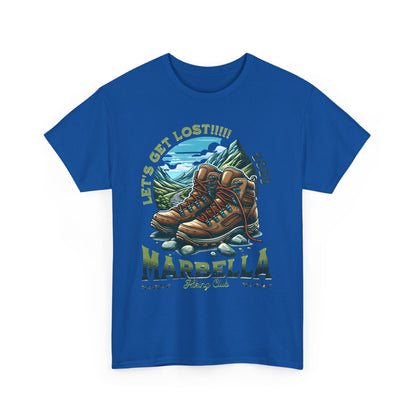 Marbella Hiking Club Unisex Graphic Tee in elegant blue, adorned with exquisite artwork of hiking boots amid a scenic landscape, designed for the adventurous spirit.